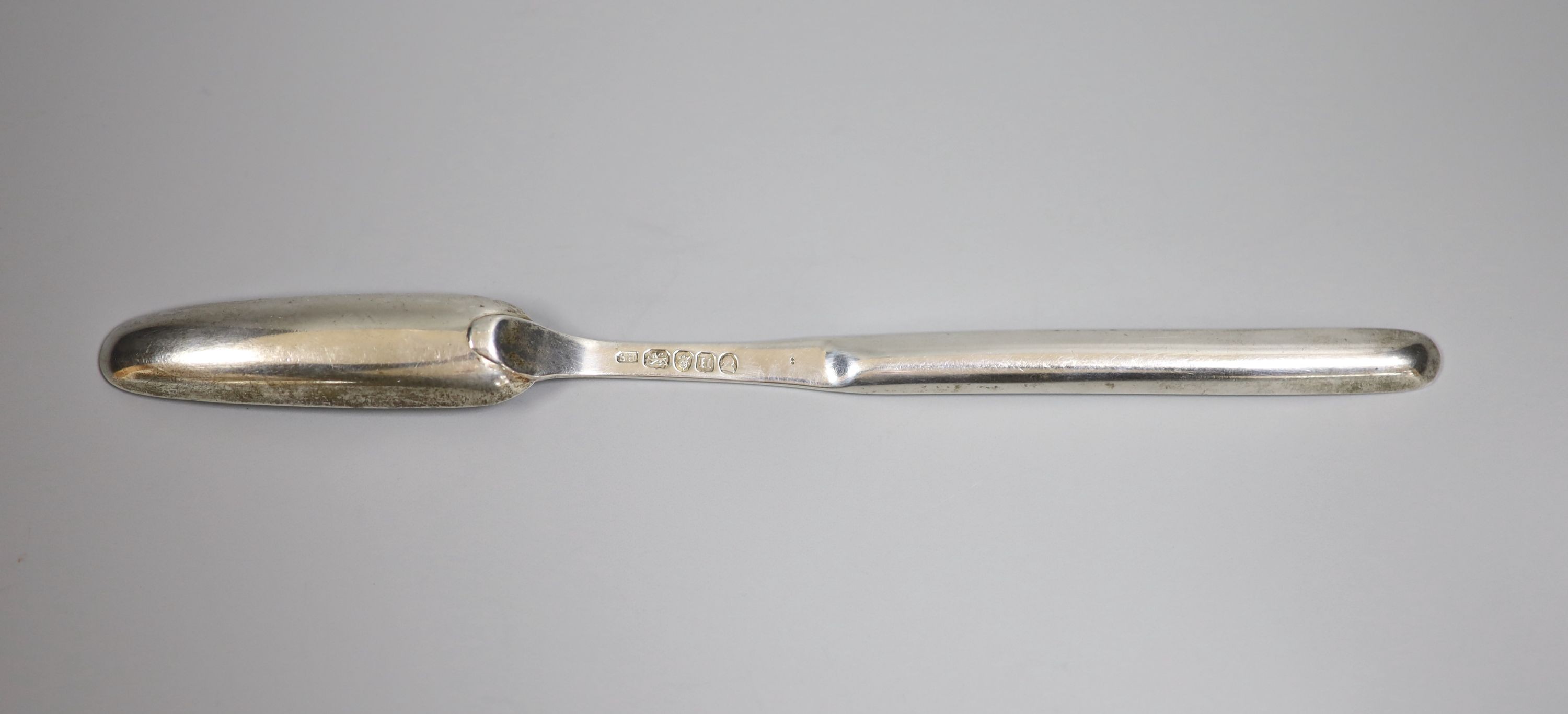 A George III silver marrow scoop, Soloman Hougham, London, 1803, 23.5cm.